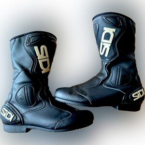 Black Leather Sidi Motorcycle Boots, Size 11.